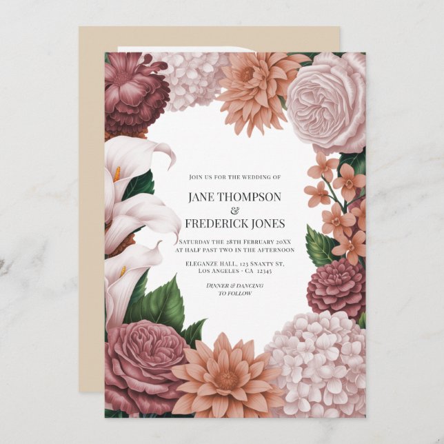 Rosé Clay, Terra Pink & Peony Smoke Floral Wedding Invitation (Front/Back)