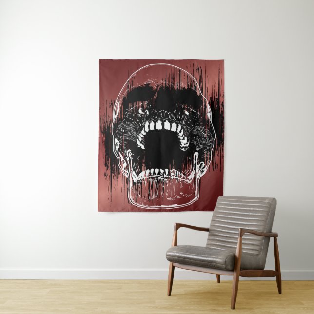 Rose Colour Wall Theme - Human Skull Tapestry (In Situ)