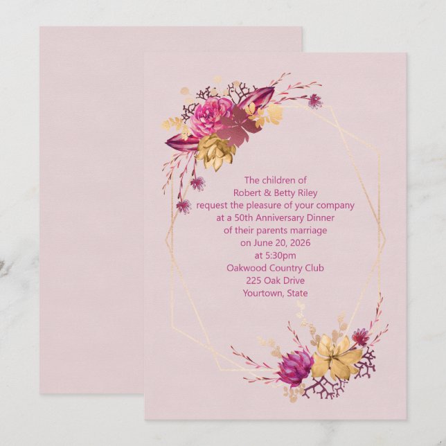 rose coloured floral anniversary dinner invitation (Front/Back)