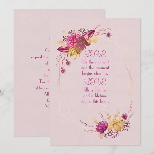rose coloured floral wedding frame with gold borde invitation (Front/Back)