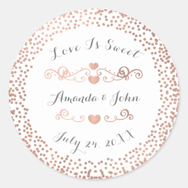 Rose Confetti White Save the Date Love is Sweet Classic Round Sticker (Front)