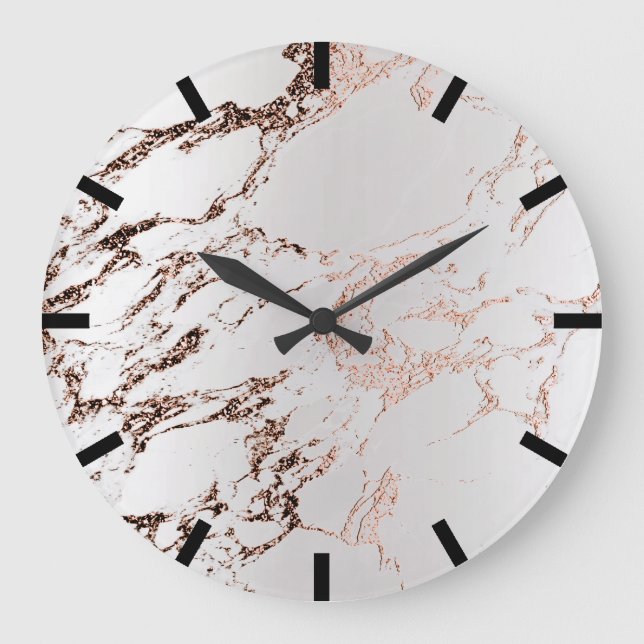 Rose Copper Gold Carrara Marble Black Grey Stone Large Clock (Front)