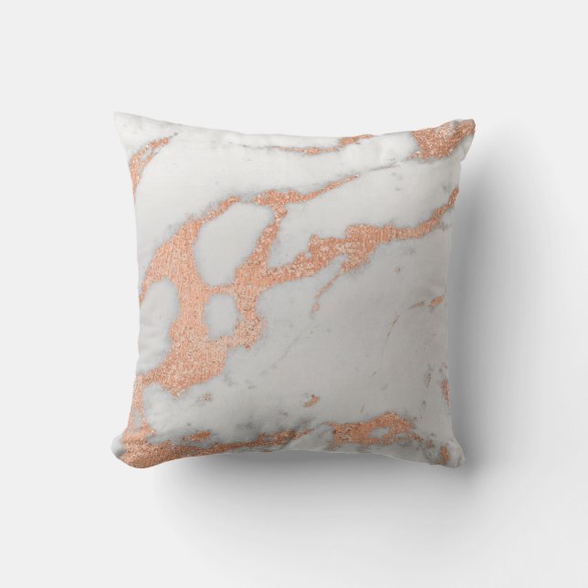 Rose Copper Gold Grey Glitter Marble Stone Metal Cushion (Front)