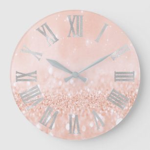 Rose Coral Blush Silver Glitter Grey Roman Numbers Large Clock