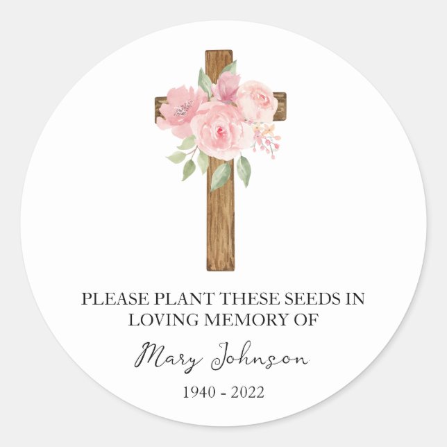 Rose Cross Memorial Funeral Seed Packet Classic Round Sticker (Front)
