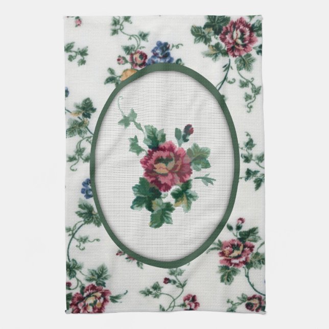 Rose Cross Stitch Kitchen Towel (Vertical)