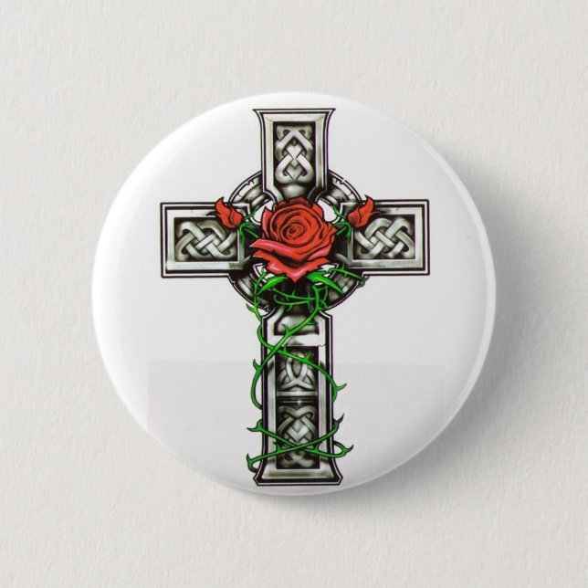 Rose cross tattoo design 6 cm round badge (Front)