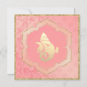 Rose Damask Gold Ganesh Indian Hindu Wedding  Invitation