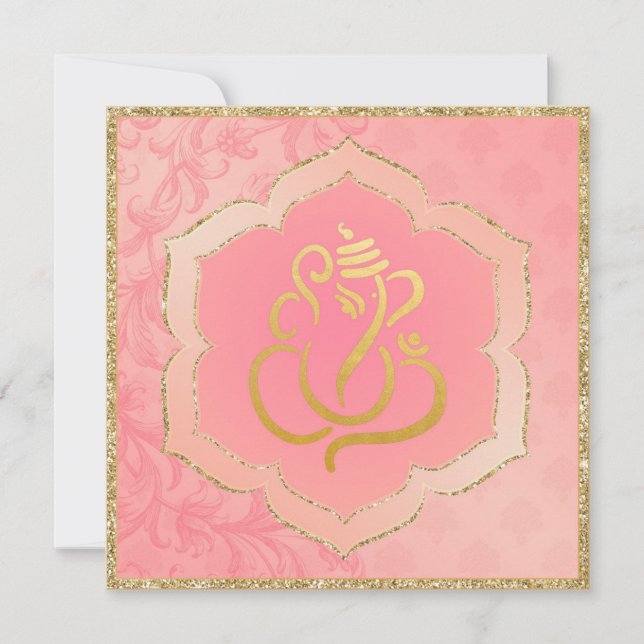 Rose Damask Gold Ganesh Indian Wedding  Invitation (Front)