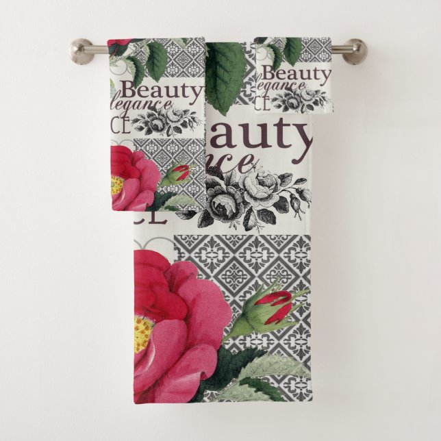 Rose Damask Pretty Floral Antique Bath Towel Set (Insitu)