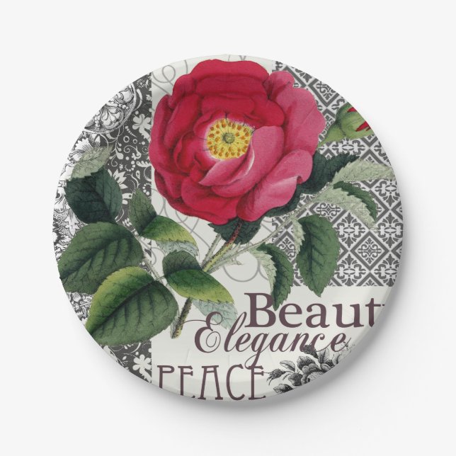 Rose Damask Pretty Floral Antique Paper Plate (Front)