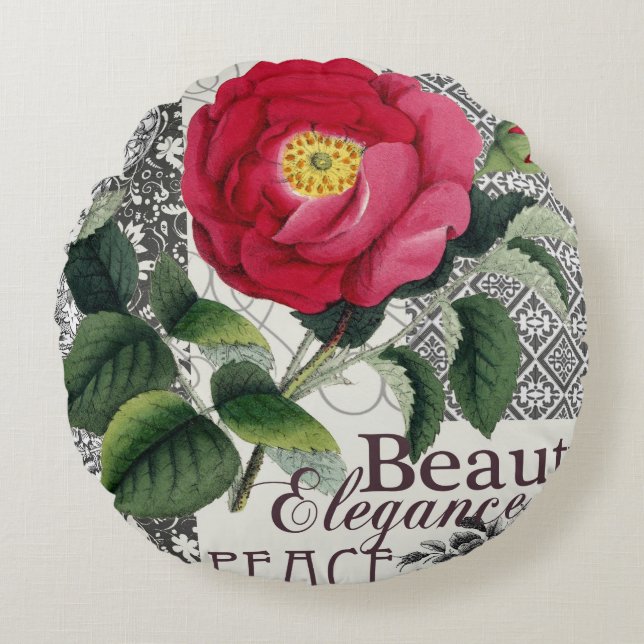 Rose Damask Pretty Floral Antique Round Cushion (Front)