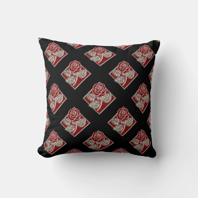Rose Diamonds-01-Red Black-Square Throw Pillow (Front)