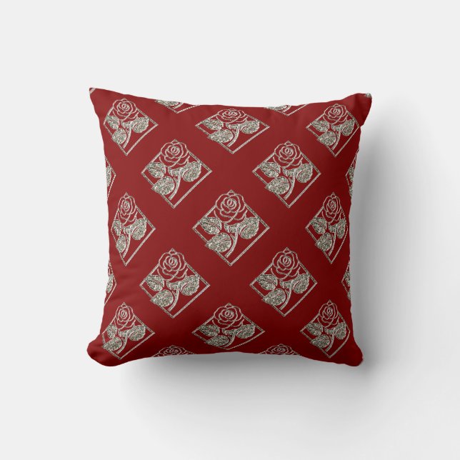 Rose Diamonds-02-Red Silver-Square Throw Pillow (Front)