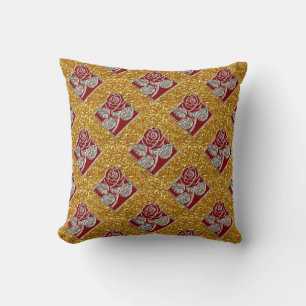 Rose Diamonds-05-Red Gold-Square Throw Pillow