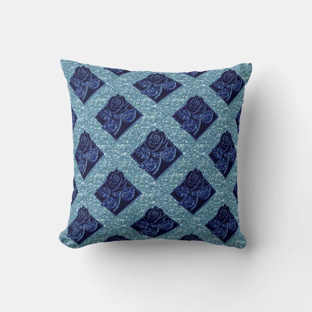Rose Diamonds-07-Blue-Square Throw Pillow (Front)