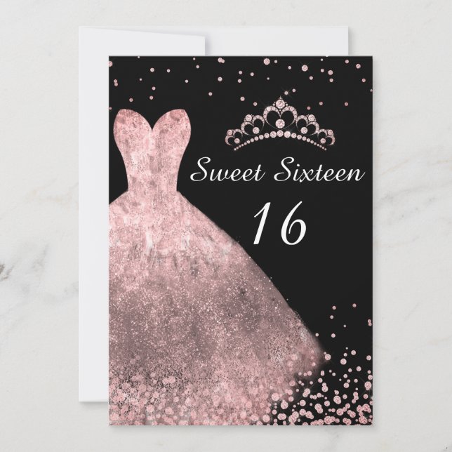 Rose Dress & Tiara Sweet 16 16th Birthday Party Invitation (Front)