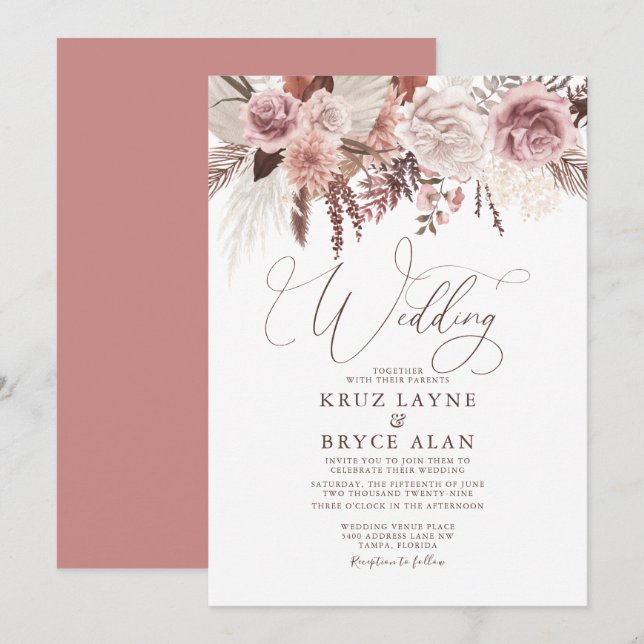 Rose & Dried Floral Palm Pampas Grass Boho Wedding Invitation (Front/Back)