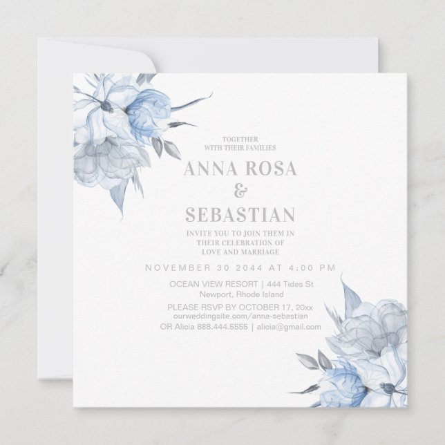 *~* Rose Dusty Blue Floral AR15 WEDDING RSVP +  In Invitation (Front)