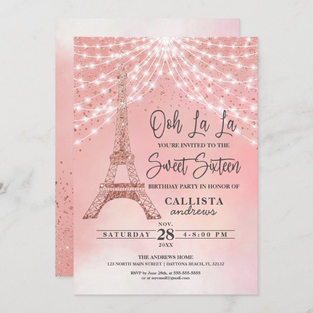 Rose Eiffel Tower Glitter Sparkles Lights Sweet 16 Invitation (Front/Back)