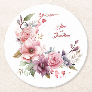 Rose Elegance: Personalized Wedding Round Coasters