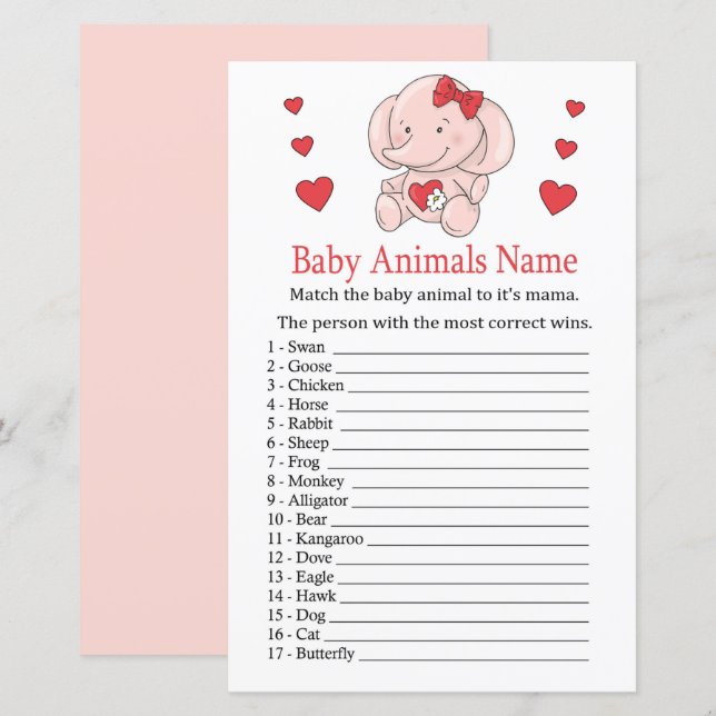 Rose elephant Baby Animals Name Game (Front/Back)