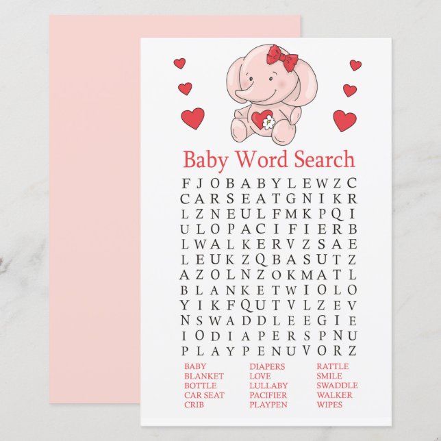 Rose elephant Baby Shower Word Search Game (Front/Back)