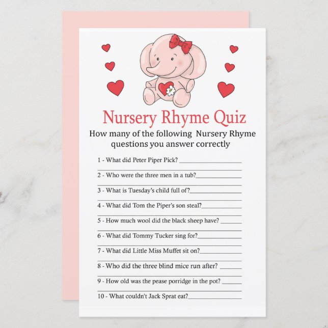Rose elephant Nursery Rhyme Quiz baby shower game (Front/Back)