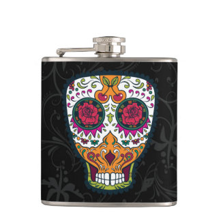 Rose Eyes Orange White Sugar Skull Hip Flask