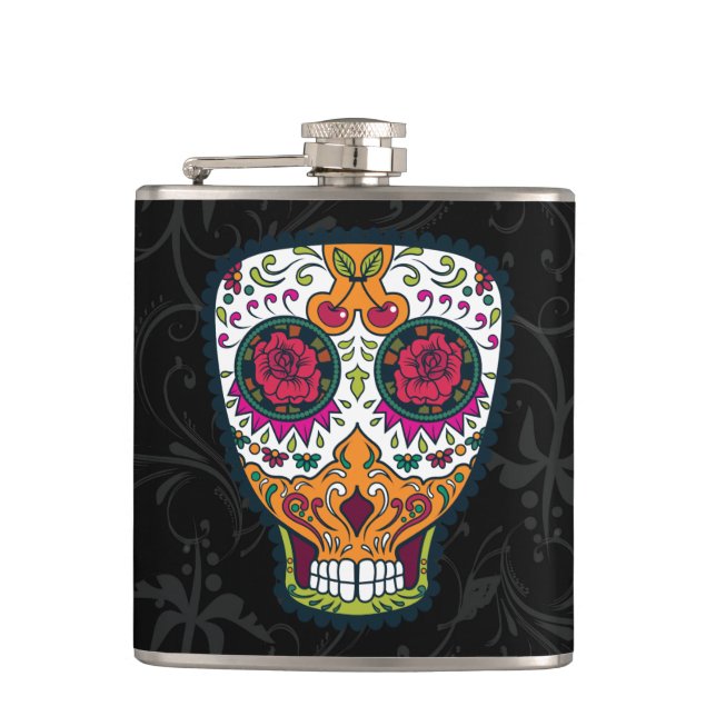 Rose Eyes Orange White Sugar Skull Hip Flask (Front)