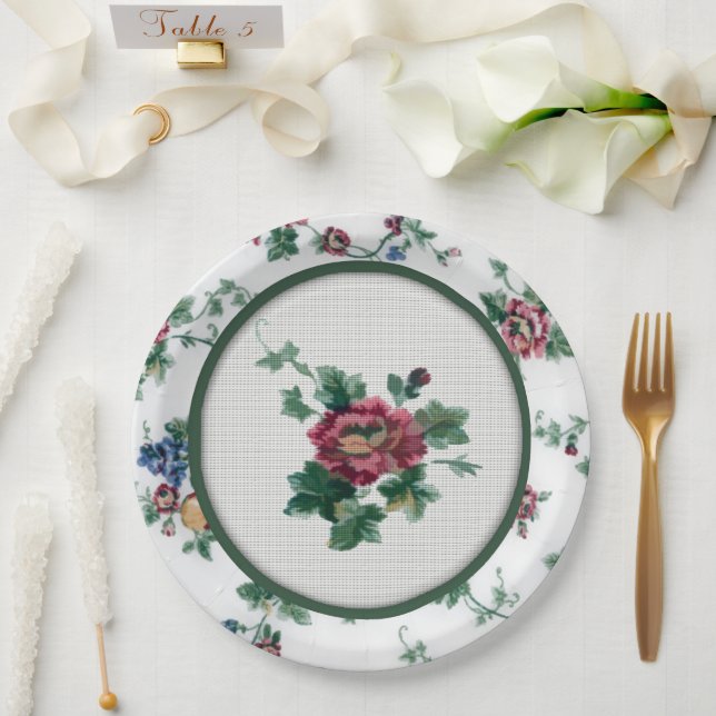 Rose Faux Cross Stitch Paper Plate (Wedding)