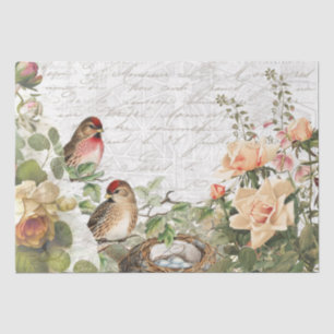 Rose Flora Bird Nest Pink French Script Decoupage  Tissue Paper