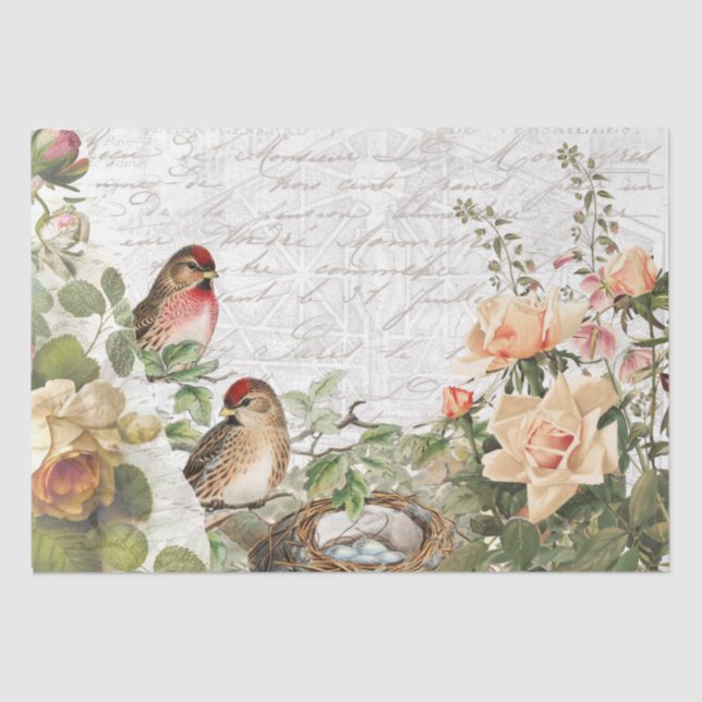 Rose Flora Bird Nest Pink French Script Decoupage  Tissue Paper (Front)