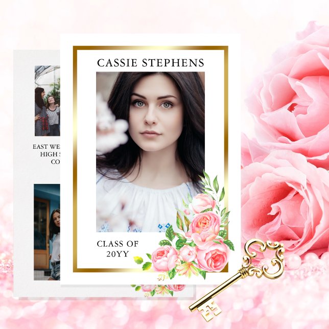 Rose Floral 4 Photo Collage Gold Frame Graduation Announcement (Rose Floral Four Photo Collage Gold Tone Frame Graduation Announcement for Print | Download)
