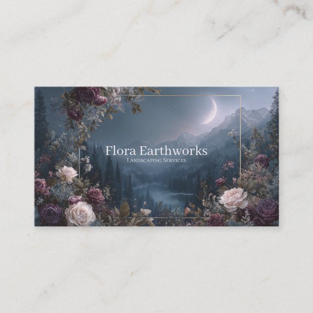 Rose Floral and Crescent Moon Mountain Valley Business Card (Front)