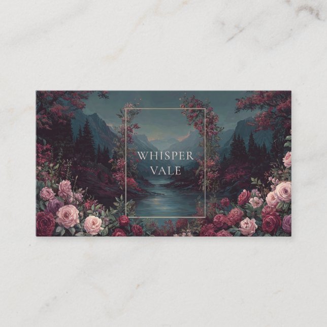 Rose Floral and Twilight Forest Mountain Landscape Business Card (Front)