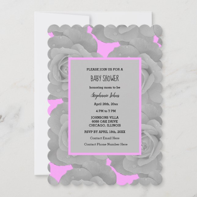 Rose Floral Baby Shower Baby Girl Pink Grey Custom Invitation (Front)