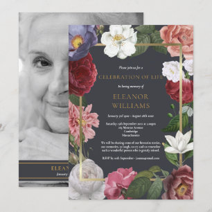 Rose Floral Black And White Photo Funeral Invitation