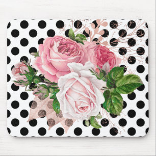 ROSE FLORAL BLACK POLKA DOT BOW MOUSE PAD
