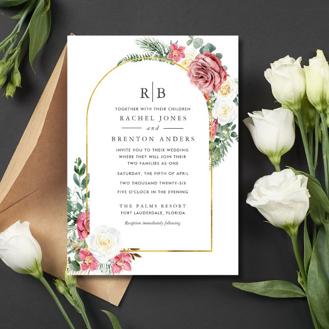 Rose Floral Blended Family Monogram Wedding Invitation (Rose Floral Blended Family Monogram Wedding Invitation)