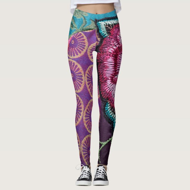 Rose floral boho purple pink teal gold leggings (Front)
