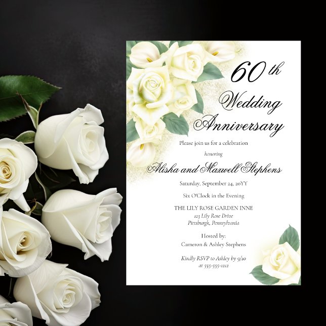 Rose Floral Bouquet 60th Wedding Anniversary Party Invitation (Elegant Rose Floral Bouquet 60th Wedding Anniversary Party Invitation)
