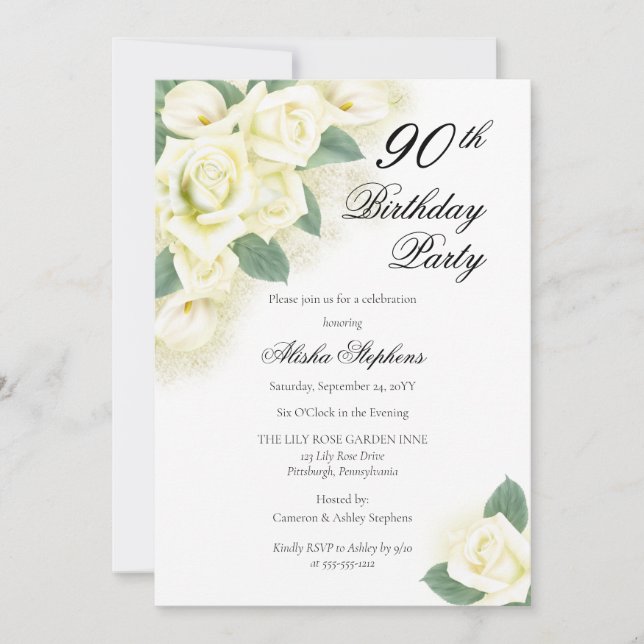 Rose Floral Bouquet 90th Birthday Party Invitation (Front)