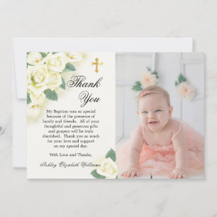 Rose Floral Bouquet Baptism Photo Thank You Card