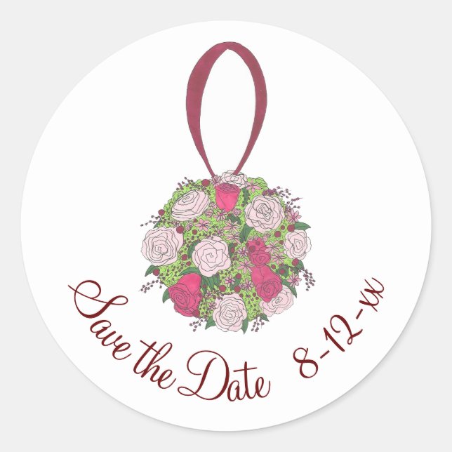 Rose Floral Bridal Bouquet Wedding Save the Date Classic Round Sticker (Front)