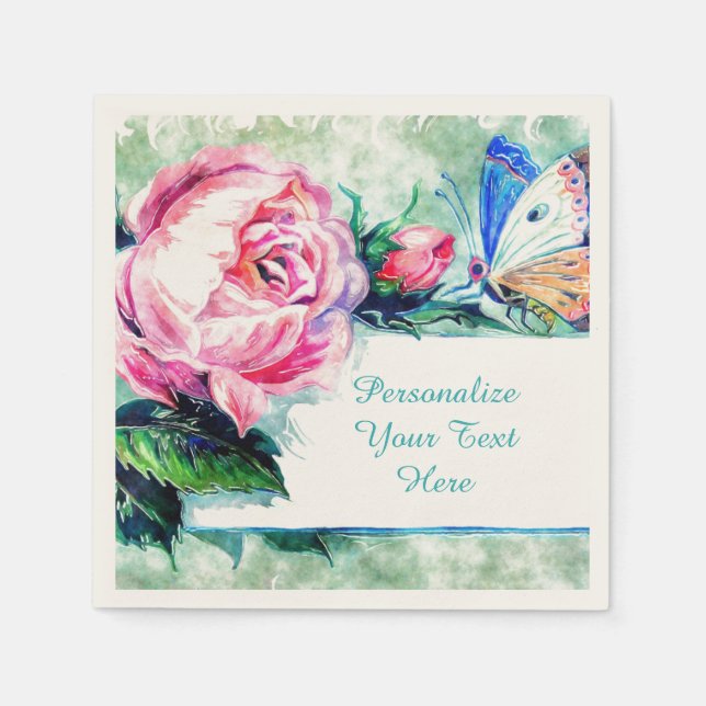 Rose Floral & Butterfly Watercolor Personalise Napkin (Front)