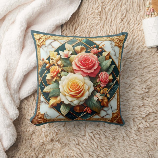 Rose Floral Design With Gold Accents Cushion (Blanket)