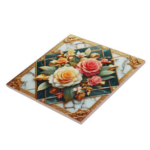 Rose Floral Design With Gold Accents Tile