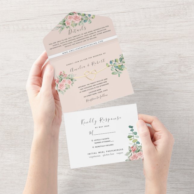 Rose Floral Dusty Pink Wedding All In One Invitation (Tearaway)