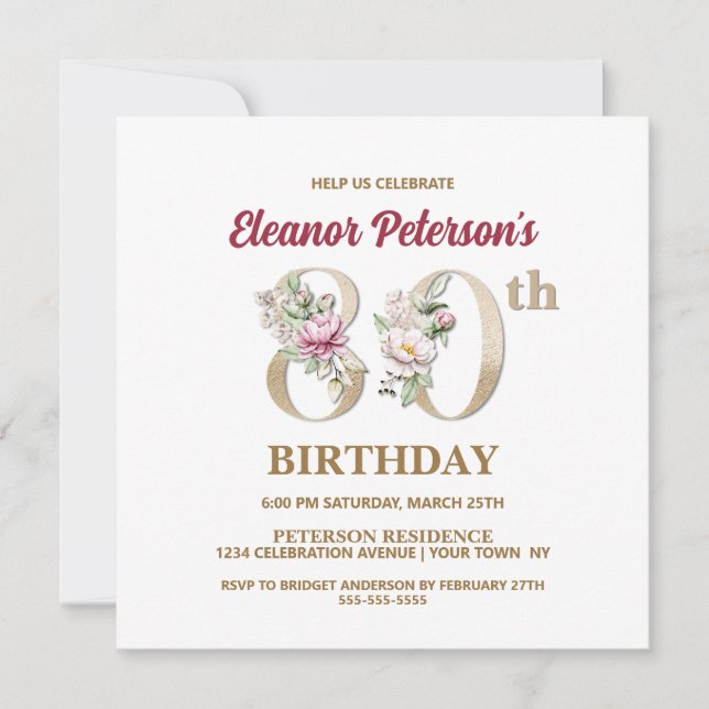Rose Floral E 80th Birthday Party Invitation (Front)